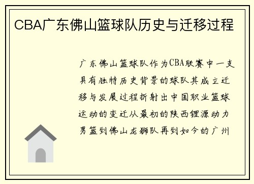 CBA广东佛山篮球队历史与迁移过程