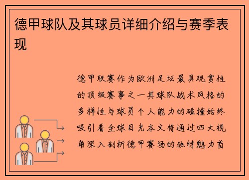 德甲球队及其球员详细介绍与赛季表现